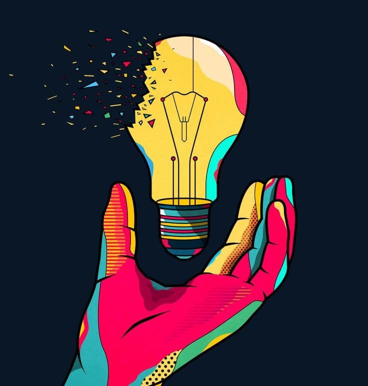Colorful illustration of a hand holding a light bulb