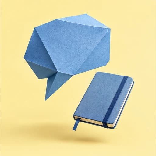 Illustrative paper conversation forms around a campus notebook