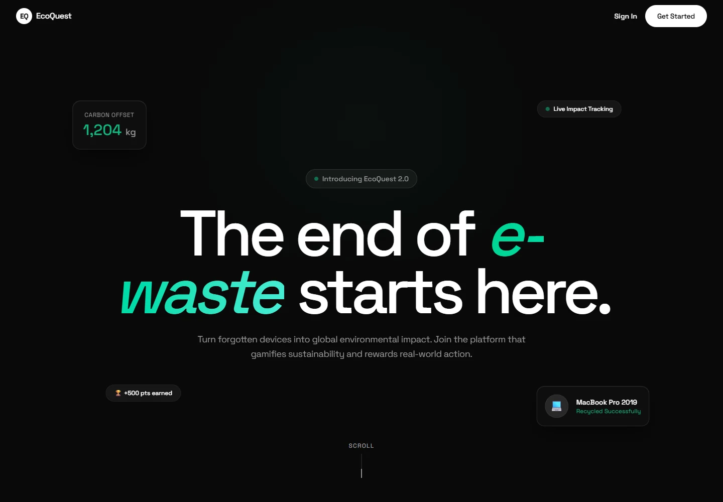 Actual EcoQuest homepage introducing its e-waste recycling platform